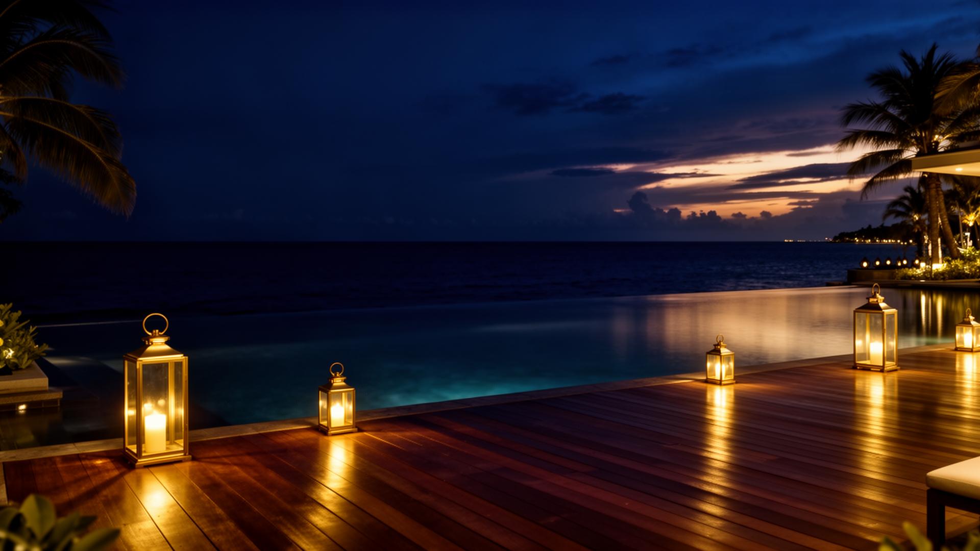 LuxStay PH — luxury suite with infinity pool at golden hour